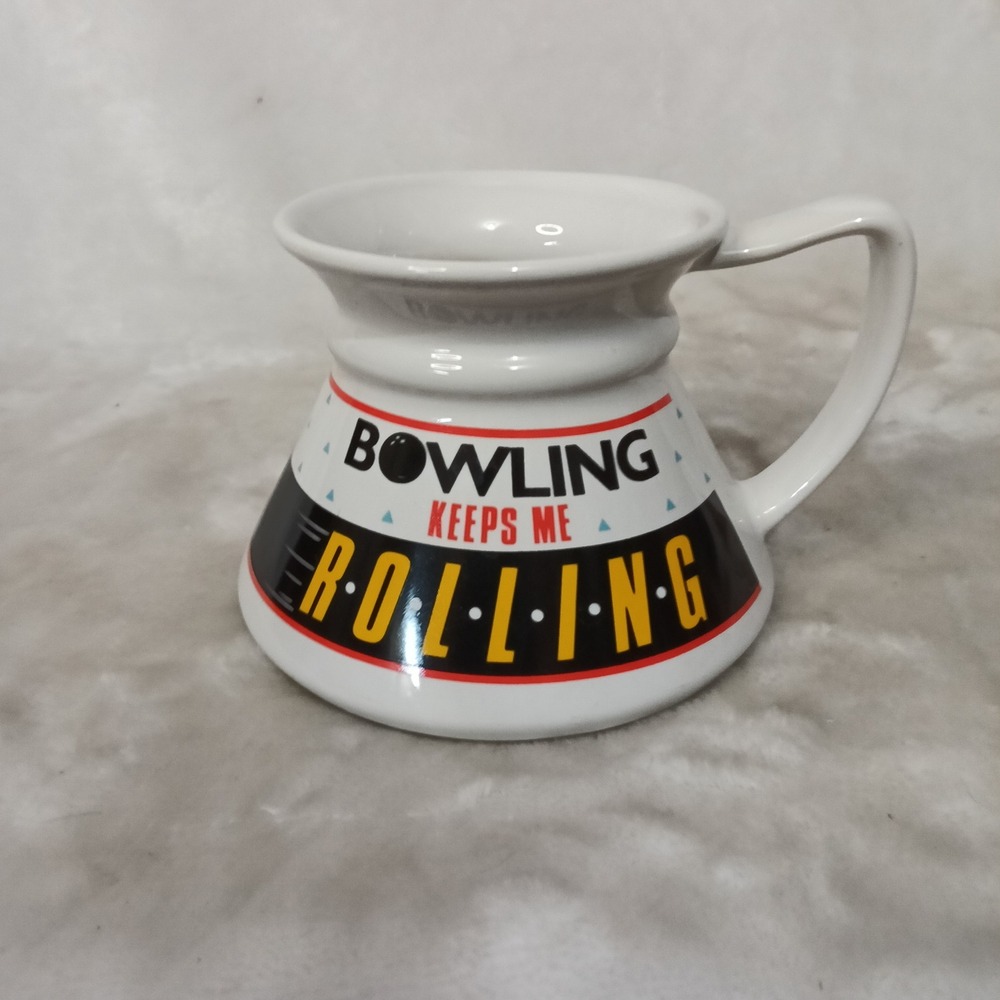 Vintage Papel Bowling Keeps Me Rolling No Spill Wide Base Ceramic Travel Mug